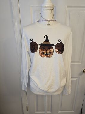 White Sequin Pumpkin Crewneck Halloween Sweater Spooky Festive